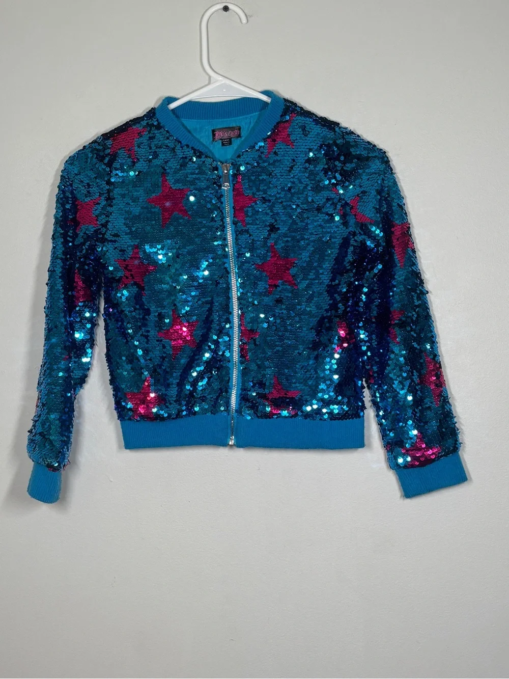 Kids Blue Sequin Star Bomber Jacket - Sparkling Zip-Up
